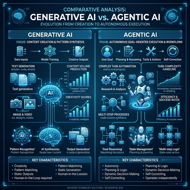 Infographic comparing Generative AI and Agentic AI operations