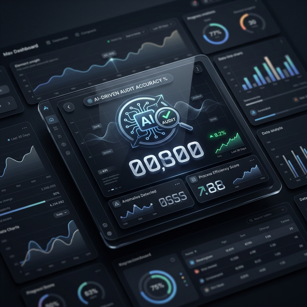 A dashboard showing KPIs for AI auditing, highlighting efficiency gains and risk detection.