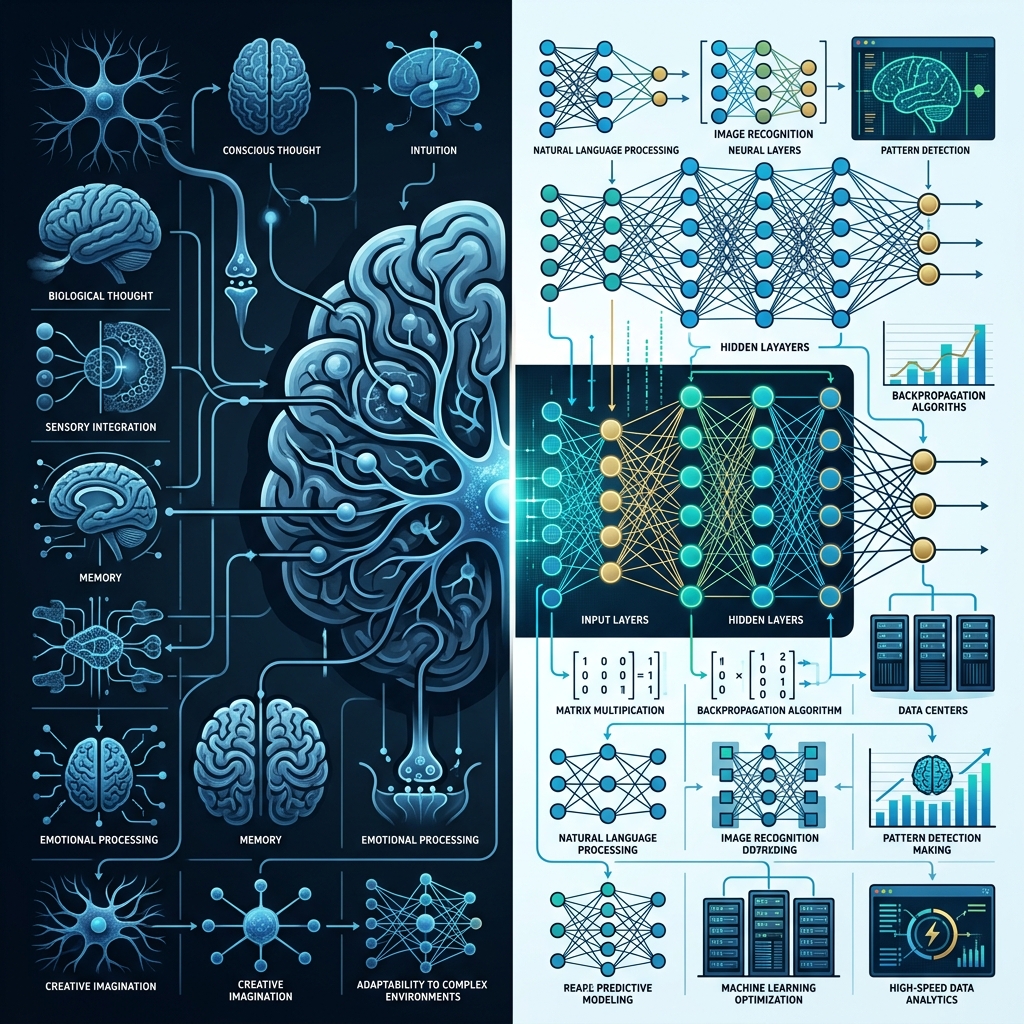 Human Brain vs AI Neural Network Capabilities Diagram