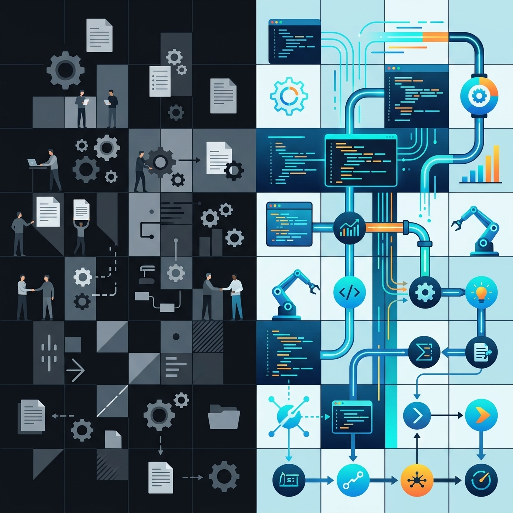 A split screen comparing traditional software development with specialized AI implementation, showing contrasting levels of complexity.