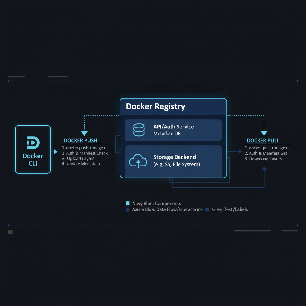 Docker Registry Architecture showing Push and Pull mechanics