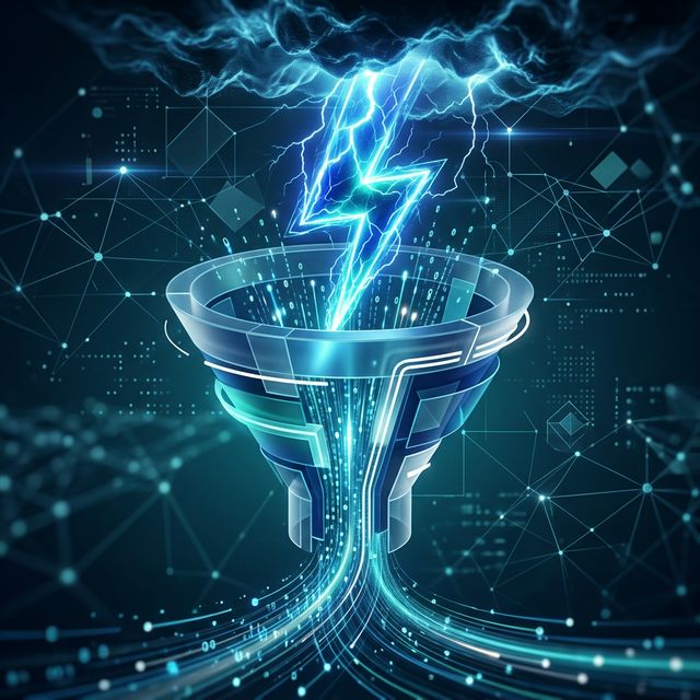 Glowing lightning bolt connecting to a high-speed data funnel