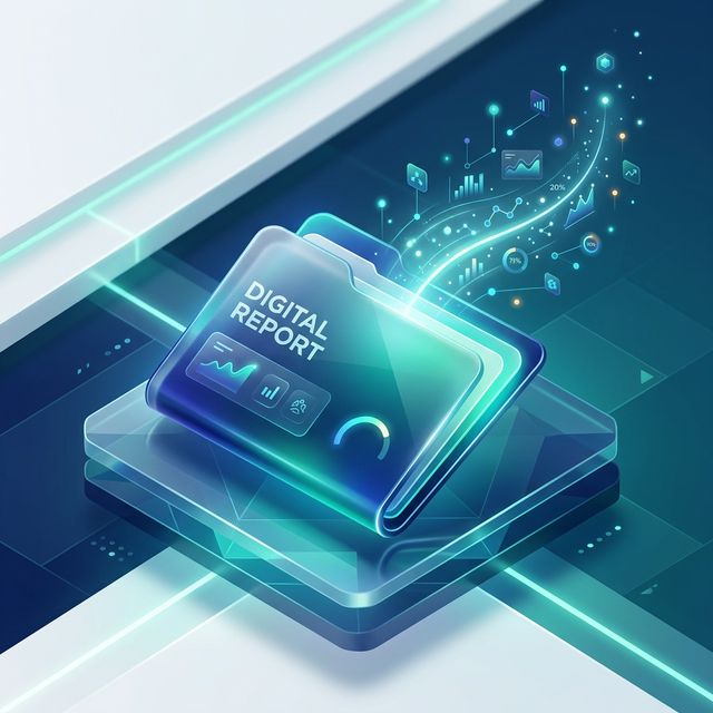 Isometric 3D premium digital dossier folder glowing with insight data