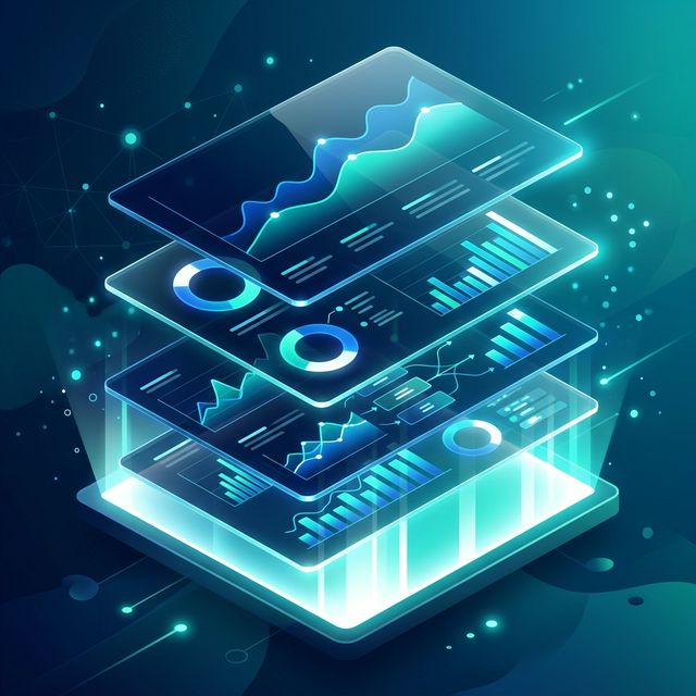 Isometric stacked sleek presentation slides with glowing data charts