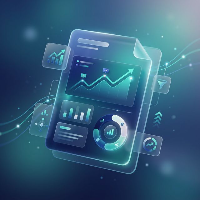 Abstract 3D digital document with SEO growth and analytics charts