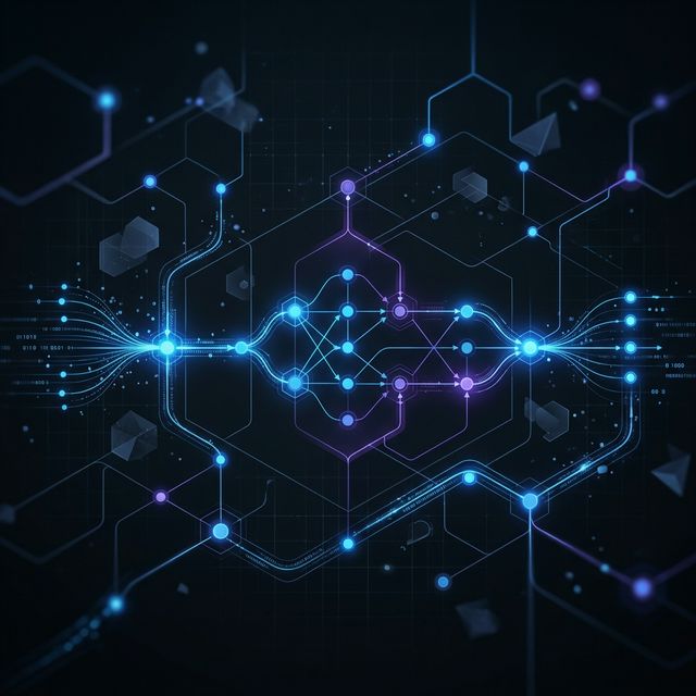 Abstract blue futuristic data flow diagram representing custom AI workflows