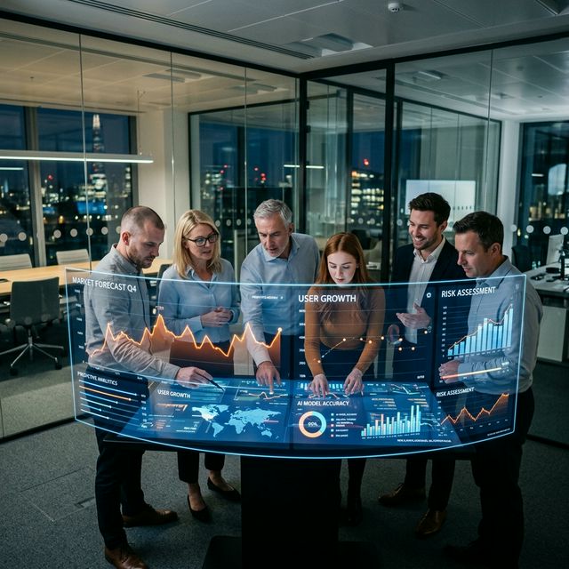 Leadership team analyzing complex predictive data graphs on a digital dashboard