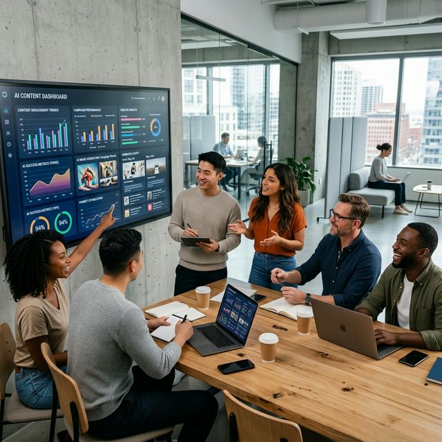 High-tech B2B marketing team reviewing automated content generation dashboards